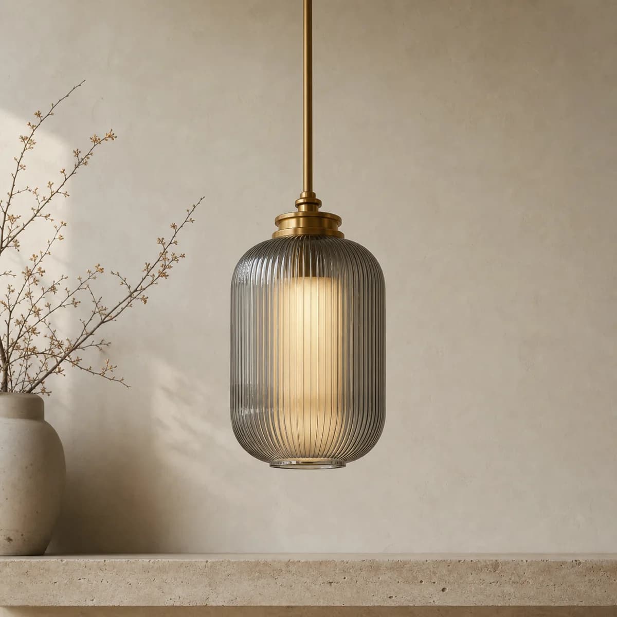 Warm ribbed-glass lighting concept in an editorial interior